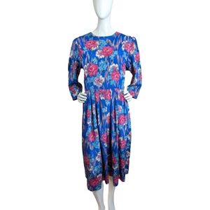 Pantel Vintage 80s Blue Floral Dress Union Made Long Sleeve Size S/M